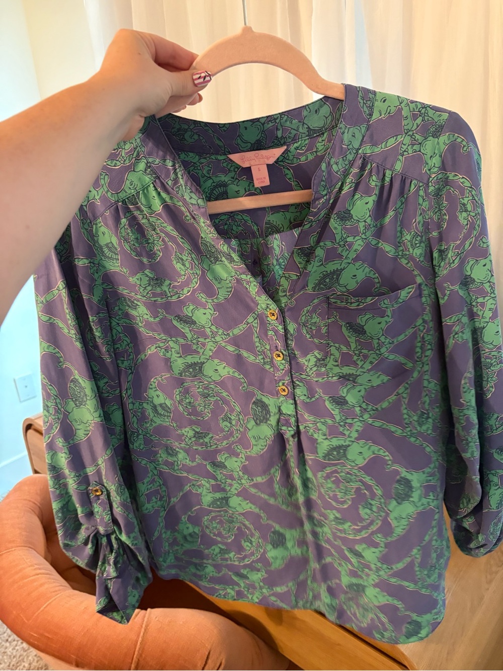Lilly Pulitzer Green & Purple Printed V-Neck Blouse